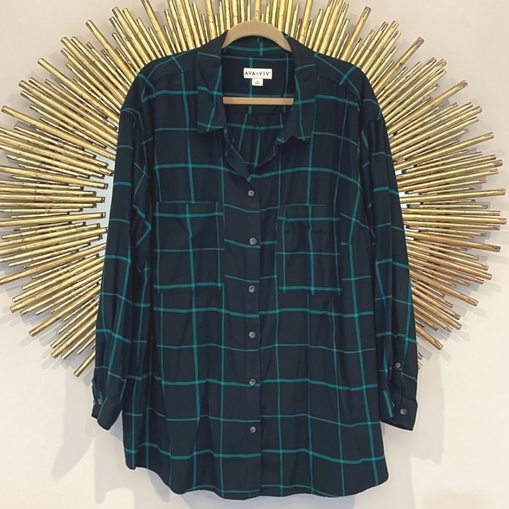 Ava & Viv Black Green Flannel Plaid Button Down Shirt